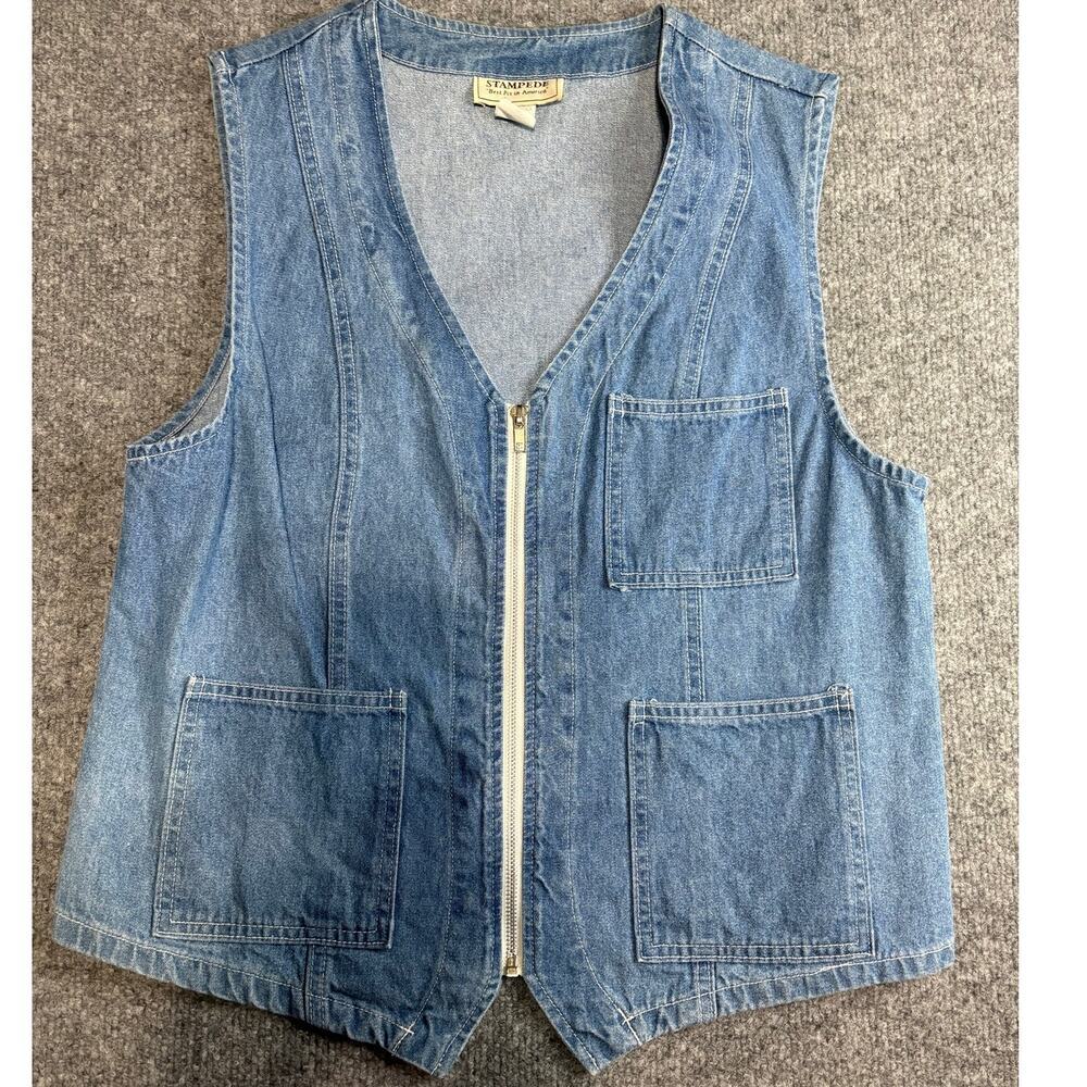 Vintage 90s Stampede Denim Vest Made in USA Zip Front Size Medium Western Rodeo